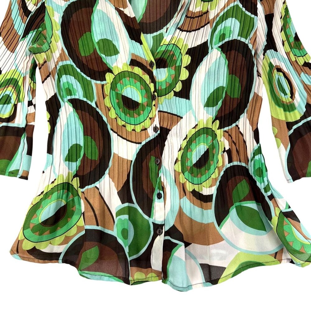 Allison Taylor Blouse Boho Hippie Green Abstract 3/4 Bell Sleeve Pleated Med Top - Picture 6 of 12